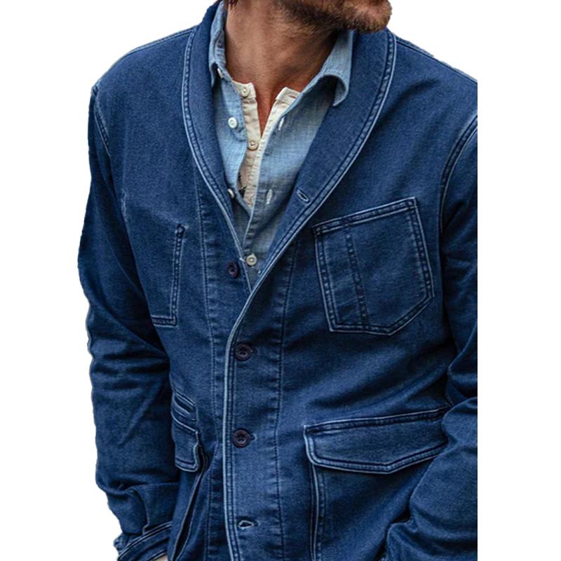 Men's Vintage Dark Blue Washed Denim Jacket 54340233U