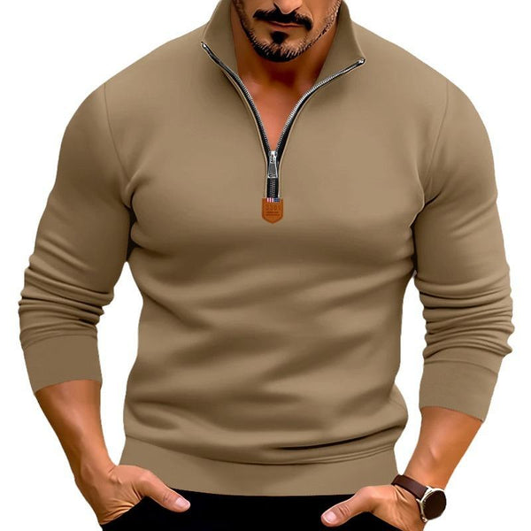 Men's Solid Plush Zipper Stand Collar Long Sleeve Sweatshirt 06112319Z