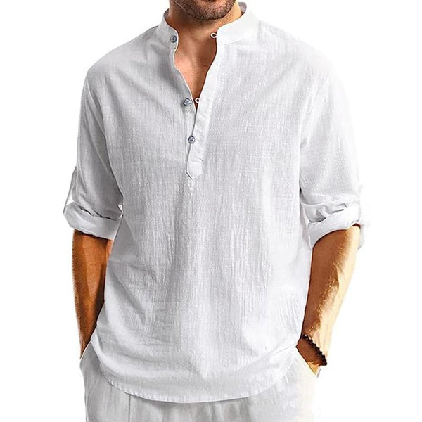 Men's Casual Cotton Linen Solid Color Henley Collar Long Sleeve Shirt 68934619M