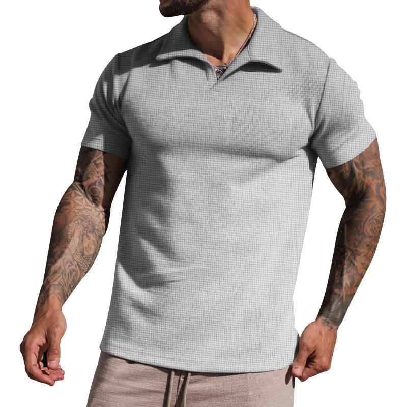 Men's Waffle Loose Short Sleeve Solid Color Casual Lapel Polo Shirt 49265793Z