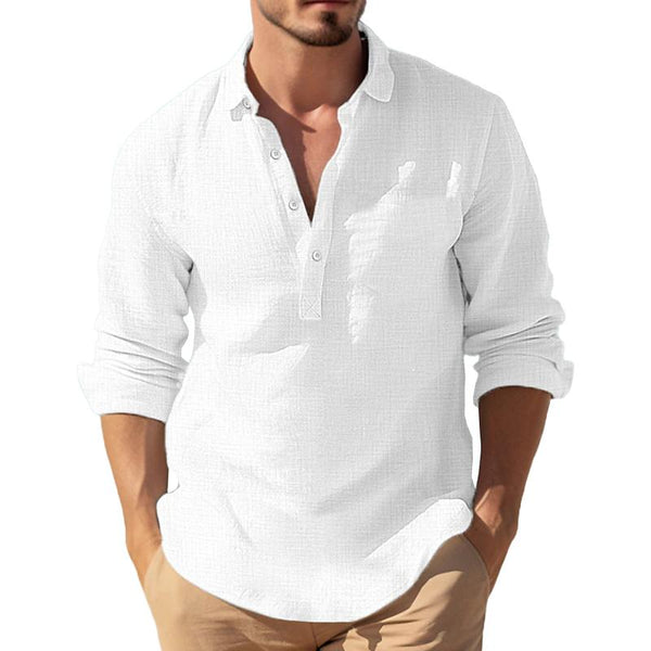 Men's Casual Solid Color Cotton Linen Blend Lapel Long-Sleeved Shirt 32189620M