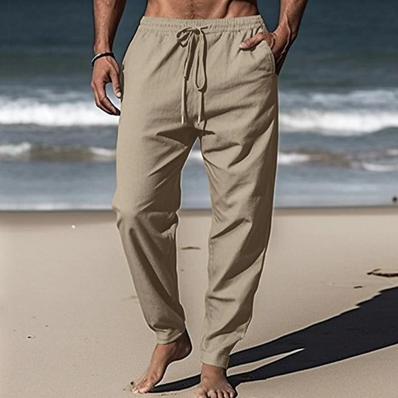 Men's Cotton and Linen Solid Color Drawstring Casual Pencil Pants 37223984X