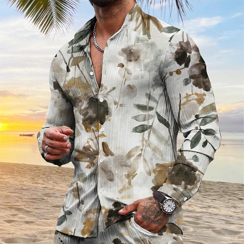 Men's Casual Floral Stand Collar Long Sleeve Shirt 13666785TO