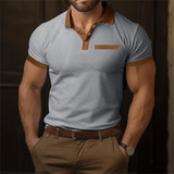 Men's Casual Contrast Waffle Lapel Patch Pocket Short Sleeve Polo Shirt 25164125M