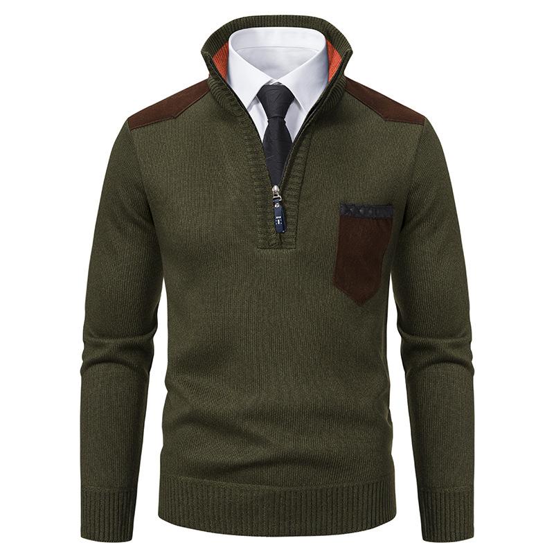 Men's Casual Retro Patchwork Pocket Stand Collar Zipper Sweater 32851595TO