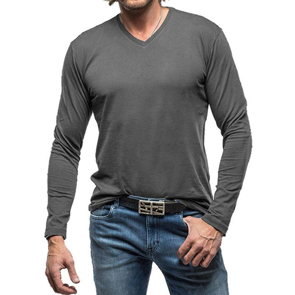 Men's Casual Solid Color V-Neck Long Sleeve T-Shirt 80509303M