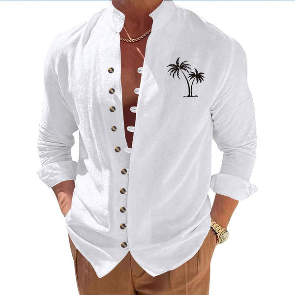 Men's Casual Coconut Tree Print Stand Collar Long Sleeve Shirt 02406753Y