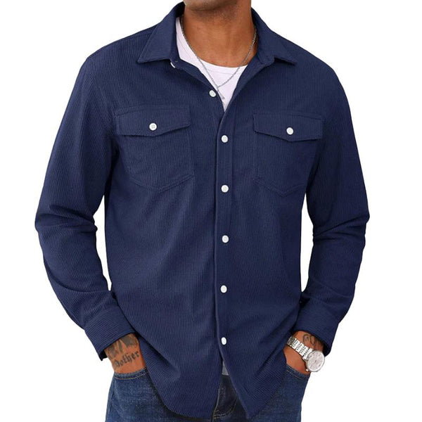 Men's Solid Color Corduroy Cargo Long Sleeve Lapel Shirt 21888922X