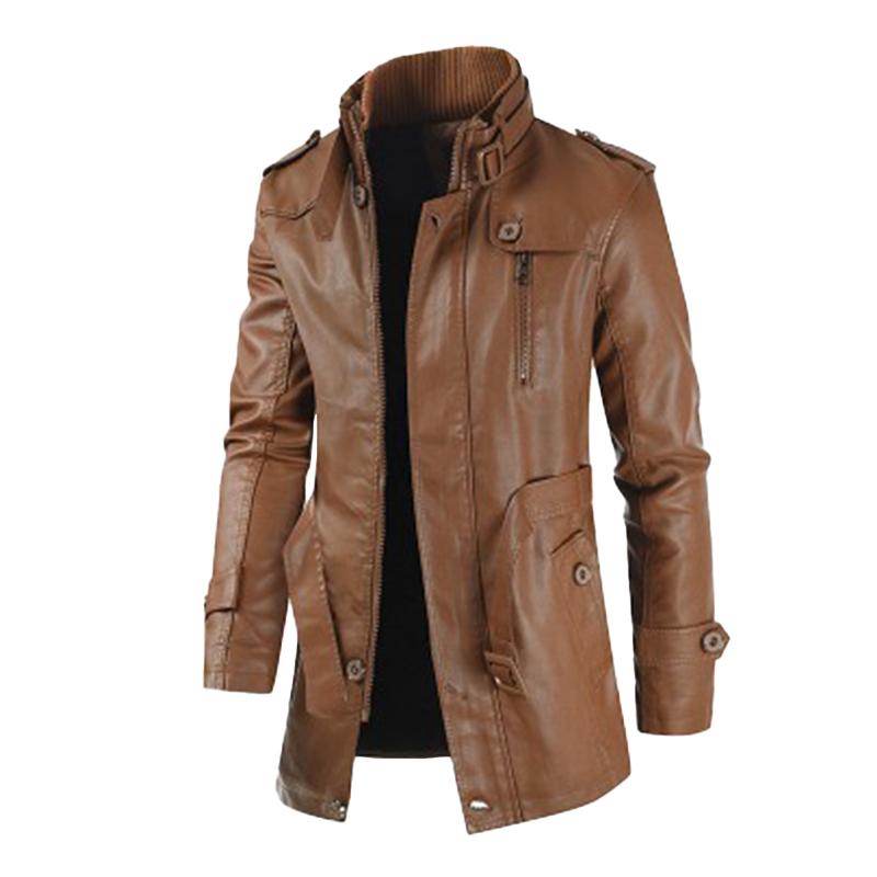 Men's Vintage Stand Collar Thickened Warm Mid-Length Zippered Leather Coat 04534056M