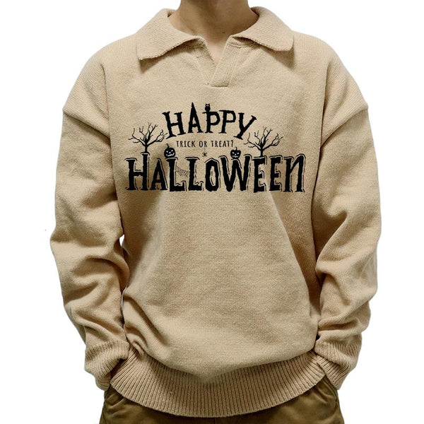 Men's Casual Polo Collar Happy Halloween Print Long Sleeve Pullover Sweater 23302005M
