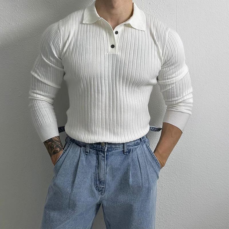 Men's Solid Striped Lapel Long Sleeve Casual Polo Shirt 78081957Z