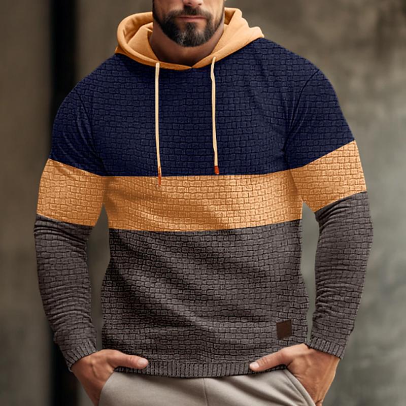 Men's Color Block Waffle Long Sleeve Hooded Sweatshirt 74062022Y