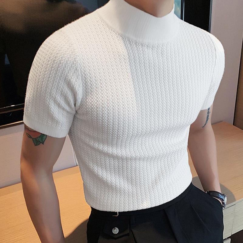 Men's Half Turtleneck Solid Color Tight Knitted Short-Sleeved T-Shirt 47280589Y