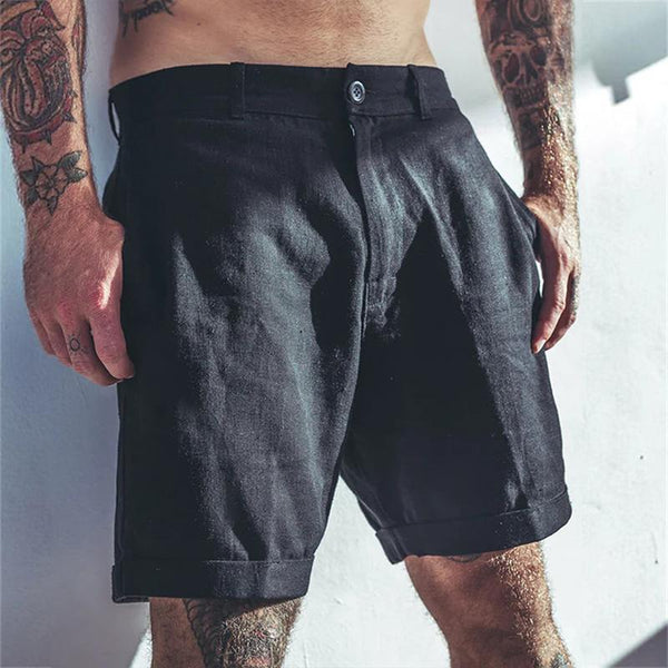 Men's Retro Casual Solid Color Linen Zipper Shorts 09868600TO