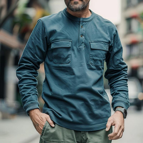 Men's Retro Casual Solid Color Henley Collar Pocket Sweatshirt 66552004TO