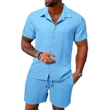 Men's Solid Color Striped Lapel Short Sleeve Shorts Casual Set  63428764X