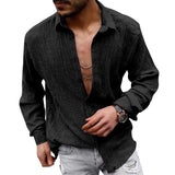 Men's Solid Loose Linen Lapel Long Sleeve Shirt 01526129Z