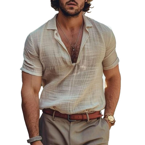 Men's Cotton And Linen Solid Color Lapel V-Neck Short-Sleeved Shirt 25703126Y