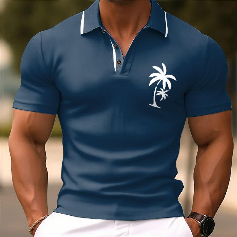 Men's Coconut Tree Print Lapel Short Sleeve Polo Shirt 09270659Z