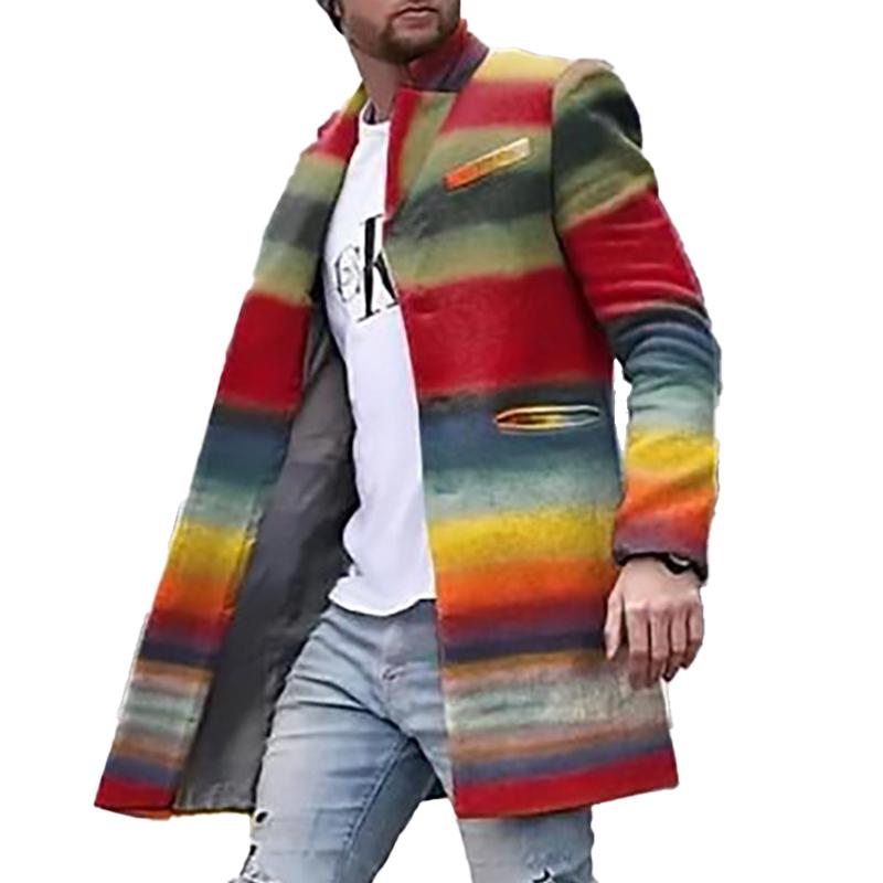 Men's Retro Rainbow Print Stand Collar Mid-Length Coat 34317625X