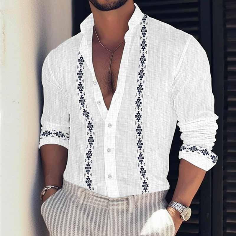 Herren Sommer Print Strand Urlaub Stehkragen Langarm Hemd 72122320X