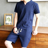 Men's Casual V-Neck Cotton Linen Short-Sleeved T-Shirt Loose Shorts Set 82876288M