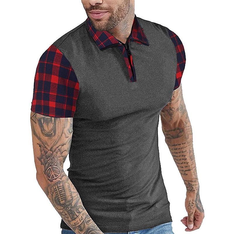 Men's Casual Patchwork Plaid Lapel Short-Sleeved Polo Shirt 77588367M