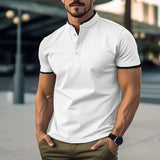 Men's Casual Solid Color Stitching Breathable Stand Collar Short Sleeve T-Shirt 61588529Y