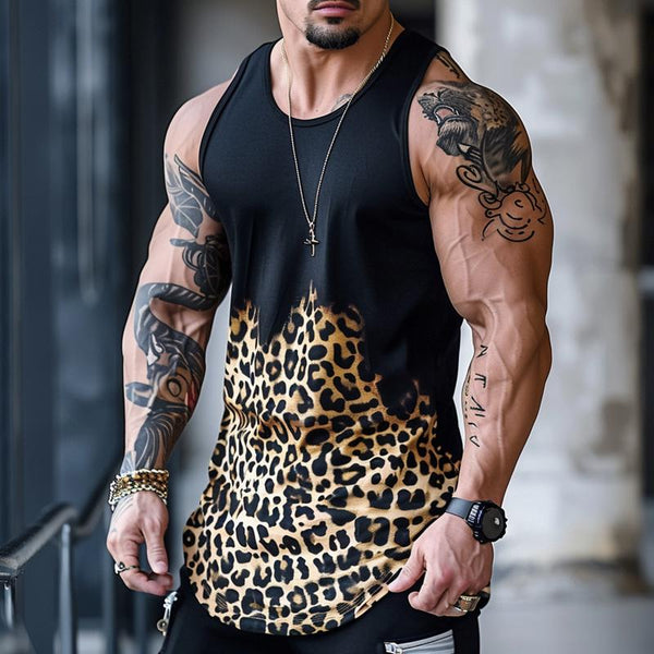 Men's Fashionable Round Neck Leopard Print Slim Fit Tank Top 82594687M