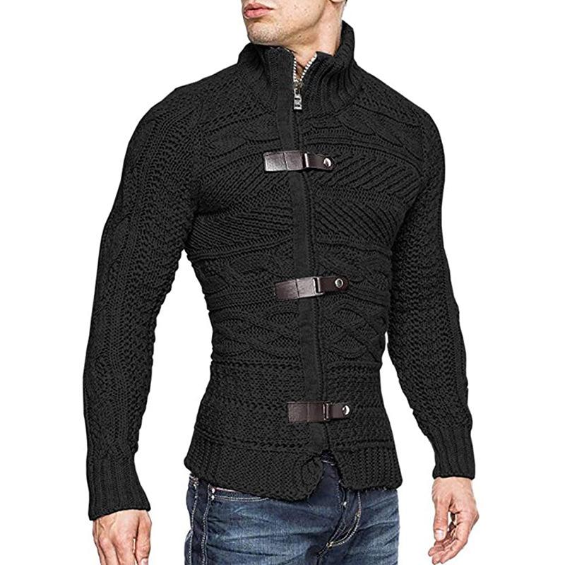 Men's Casual Stand Collar Zipper Cable Knitted Slim Cardigan 14927579M