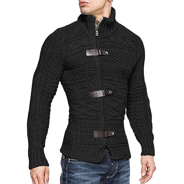 Men's Casual Stand Collar Zipper Cable Knitted Slim Cardigan 14927579M