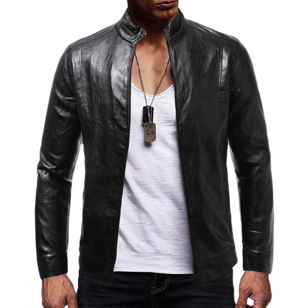 Men's Vintage Biker Solid Color Stand Collar Zipper Leather Jacket 86819331X