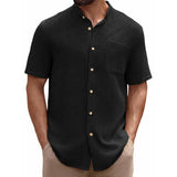 Men's Solid Color Stand Collar Chest Pocket Short Sleeve Shirt 76869423Y