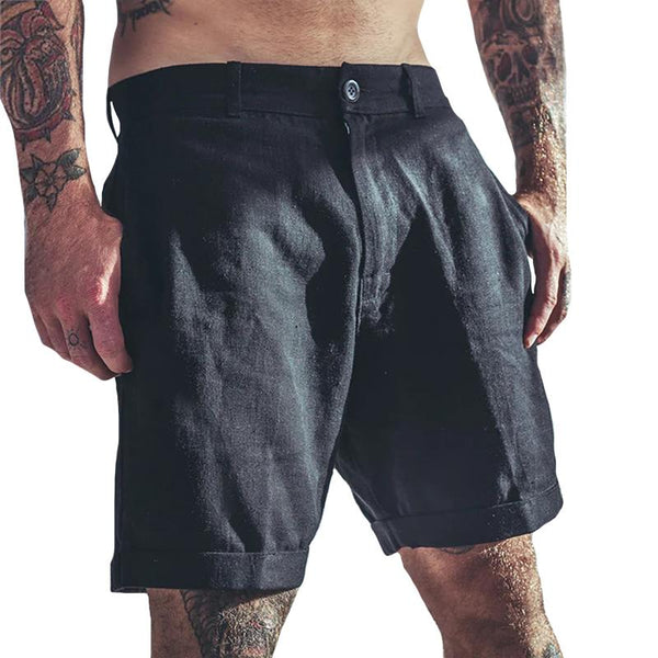 Men's Retro Casual Solid Color Linen Zipper Shorts 09868600TO