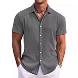 Men's Casual Solid Color Loose Lapel Short Sleeve Shirt 06499368M
