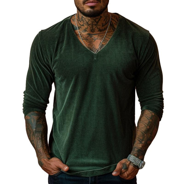 Men's Velvet Solid Color V-Neck Long Sleeve T-Shirt 86102076X