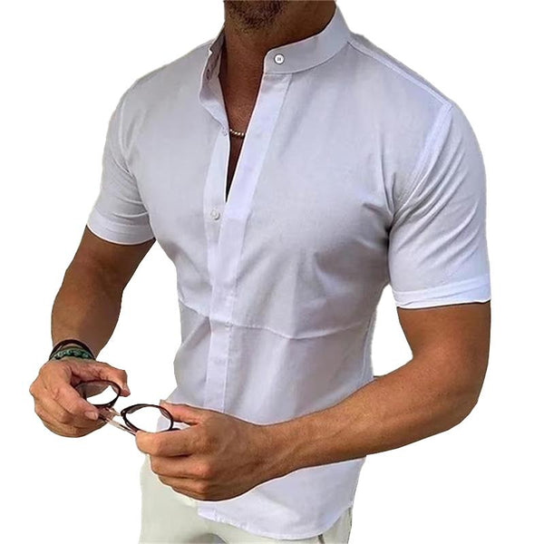 Men's Casual Solid Color Stand Collar Breathable Short Sleeve Shirt 07911824M