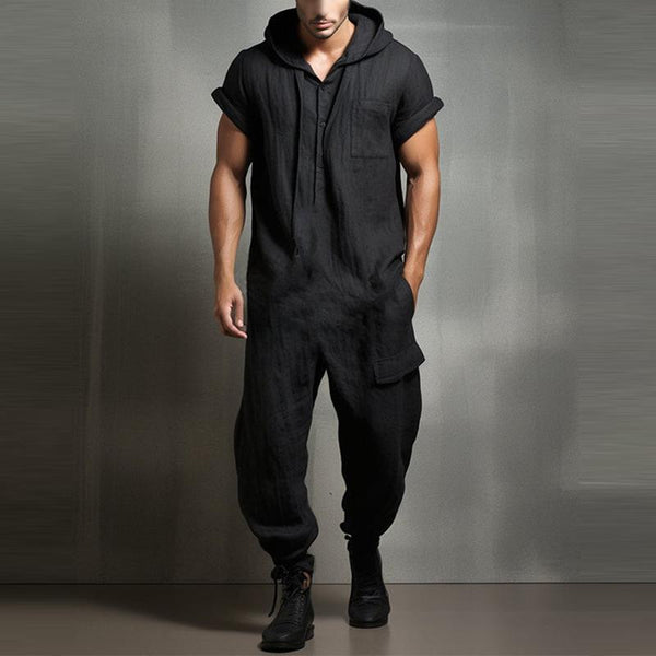 Men's Vintage Solid Color Hooded Loose Short Sleeve Jumpsuit 39606335Y
