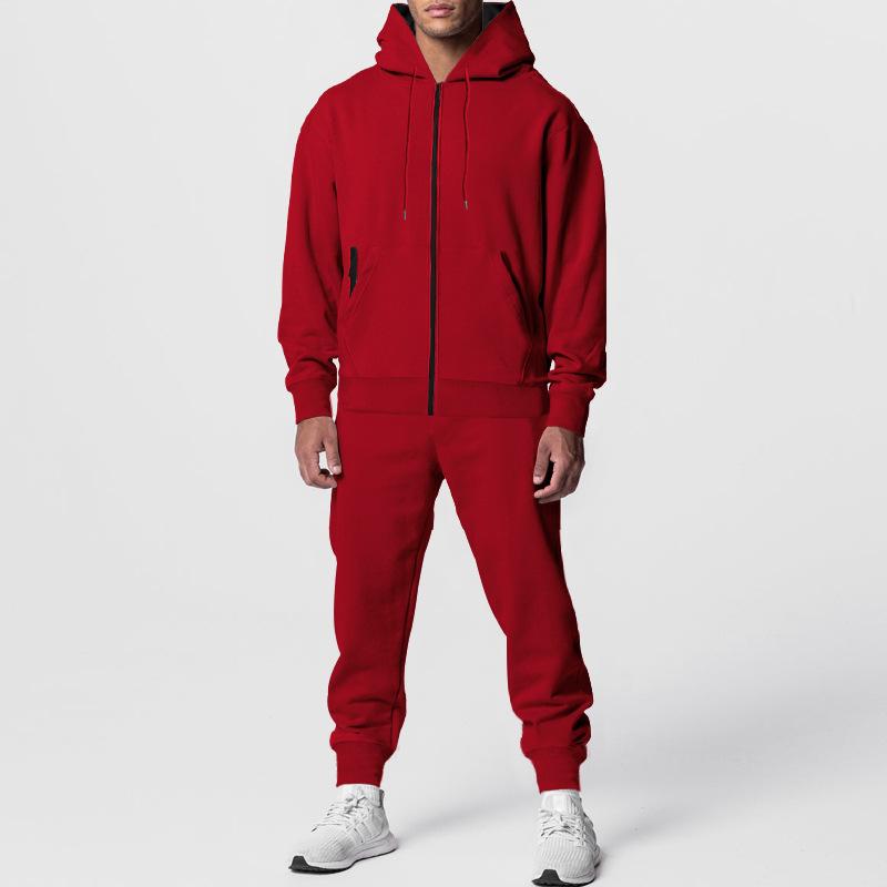 Men's Casual Solid Color Fleece Slim Fit Hooded Zipper Sweatshirt Sweatpants Set 53700824M