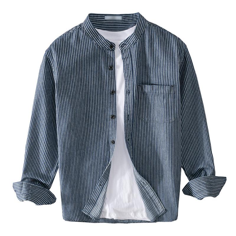 Men's Casual Stand Collar Striped Loose Denim Long Sleeve Shirt 90306406M