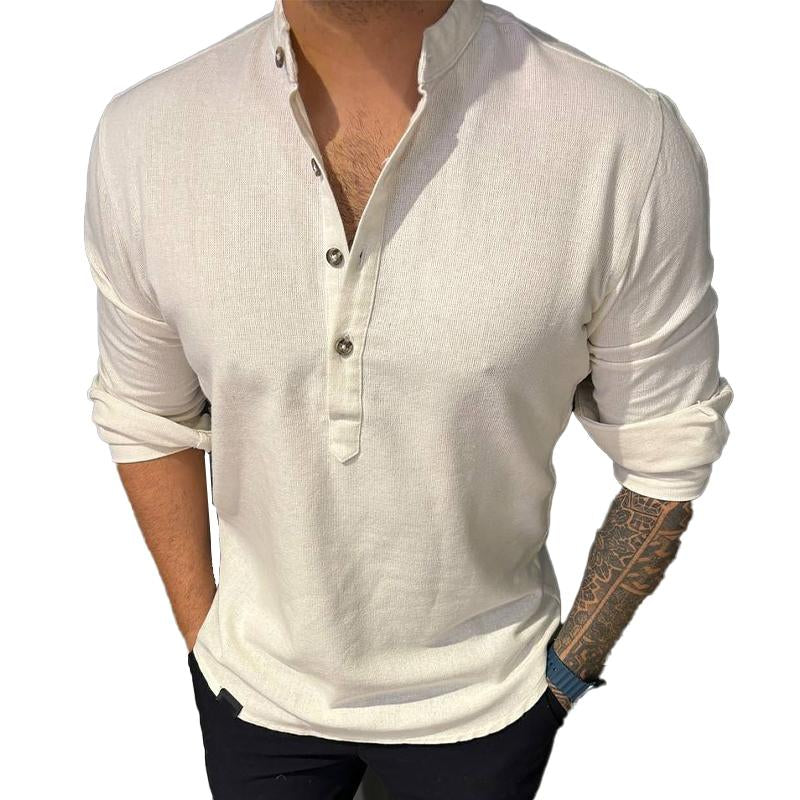 Men's Casual Solid Color Stand Collar Long Sleeve Shirt 87541601X