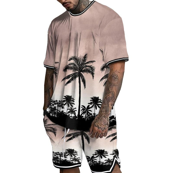 Men's Casual West Coast Ombre Coconut Tree Print Two-Piece Set 67283926TO
