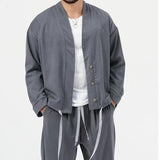 Men's Solid Loose Collarless Cardigan Trousers Casual Set 26852204Z