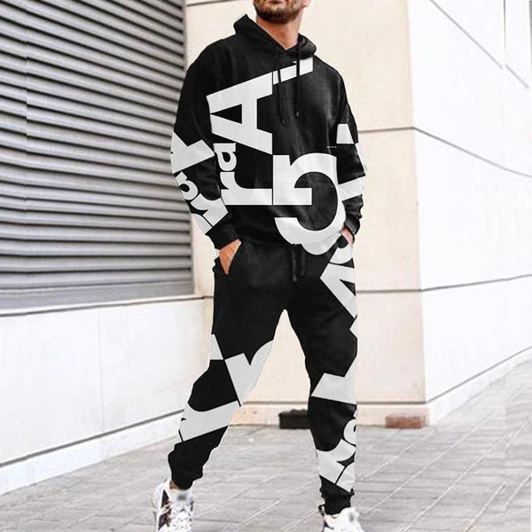 Men's Casual Retro Contrast Color Hooded Sweatshirt Two-Piece Set 61393044TO