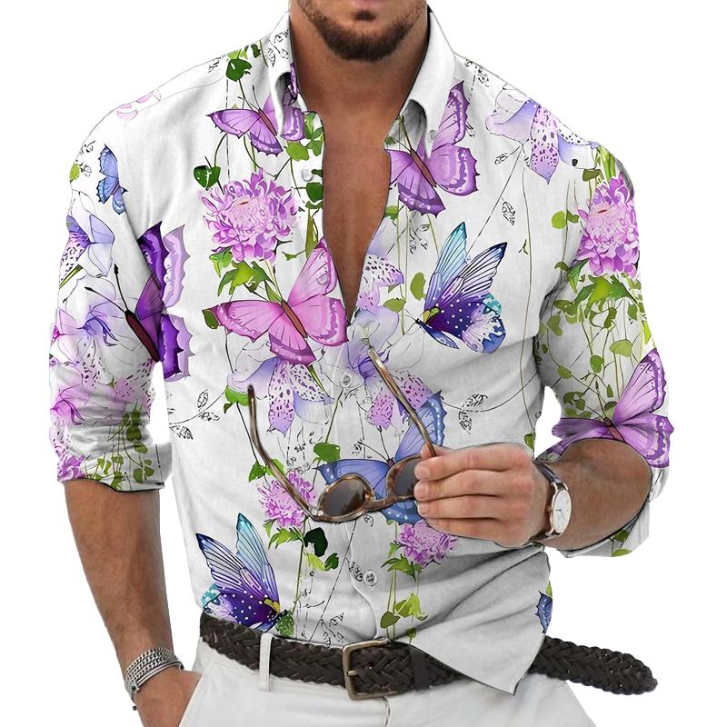 Men's Hawaiian Floral Print Long Sleeve Lapel Shirt 91670035X
