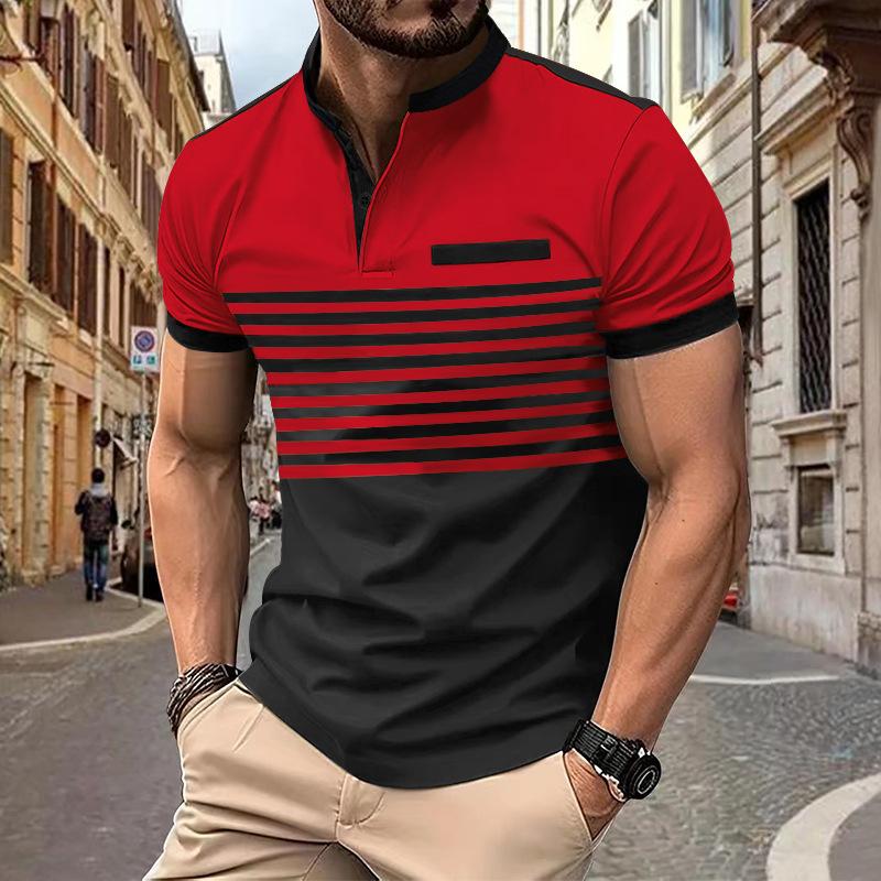 Men's Colorblock Striped Henley Collar Short Sleeve Casual T-shirt 07381888Z