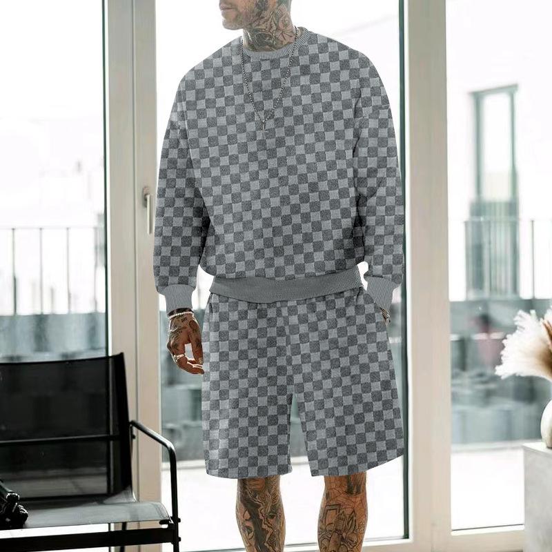 Men's Casual Checkerboard Round Neck Loose Long-sleeved Sweatshirt Sports Shorts Set 53822799M