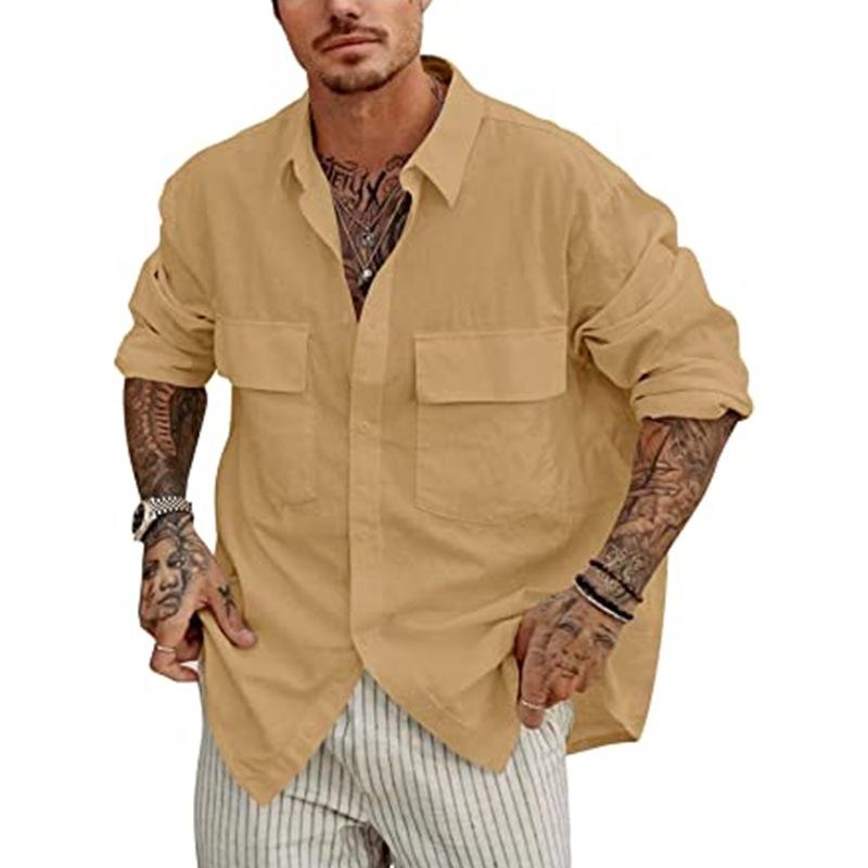 Men's Solid Color Cotton Linen Front Pocket Button Lapel Shirt 60359022X