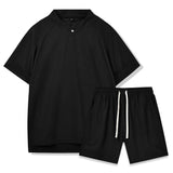 Men's Solid Waffle Stand Collar Short Sleeve T-shirt Shorts Casual Set 48715990Z