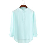 Men's Classic Casual Stand Collar Solid Color Bamboo Cotton and Linen Long Sleeve Shirt 19376731K